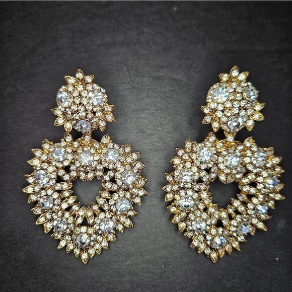 Vintage Thelma Deutsch Signed Large Rhinestone Open Heart Clip Dangle Earrings - Picture 9 of 12